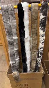 Rabbit fur stripping $4.95/foot 2” Wide Rabbit Strips Rabbit fur can be processed into strips for various purposes, such as crafting, fashion, or upholstery. The strips can be sewn together if needed, or they can be used as-is. Colours include white, natural black, dyed black, chinchilla grey, fawn (red fox colour), heather (coyote colour), spotted black & white, dyed dark brown. #rabbit #rabbitfur #strips #crafting #indigenouscrafts #billworbfurs | Bill Worb Furs Inc