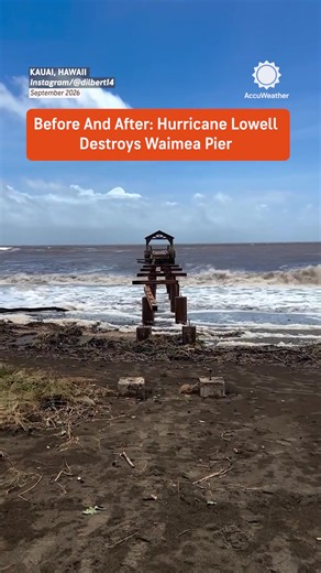 Before-and-after video shows Waimea Pier in Kauai, Hawaii, reduced to concrete pillars after Hurricane Lowell, with the surrounding park flooded and covered with downed tree limbs.