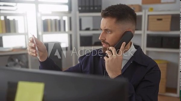 Man holding phone to ear, showing badge and document in office building, police detective on duty; concern.