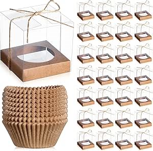 Ctosree 50 Sets Clear Plastic Cupcake Boxes 3.5 Inches Single Containers With 100 Pcs Liners, Baking Cups, Holders for Cake Dessert Storage