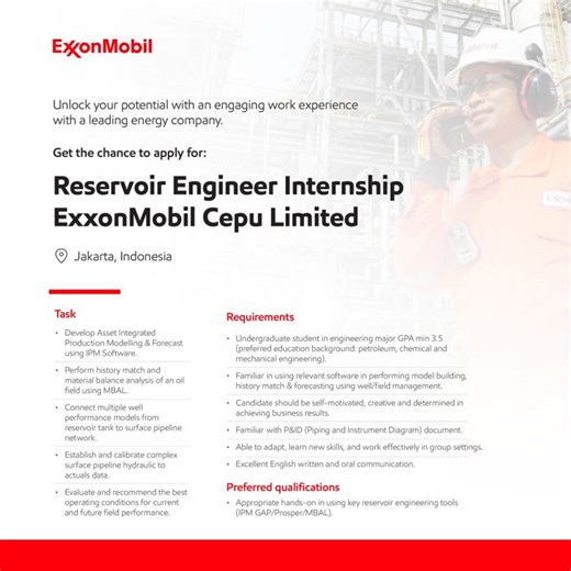 Join the ExxonMobil Indonesia Internship programs 💡 Reservoir Engineer Internship https://lnkd.in/gQ_bS9UEMachinery Engineer Internshiphttps://lnkd.in/g33hvS5cIntegrity Engineer… | ExxonMobil Indonesia | 18 comments