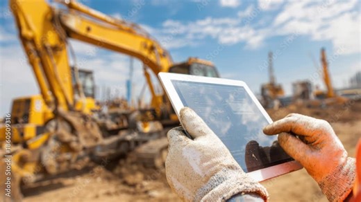 Foreman uses Digital Tablet, project management at the site. Overseeing the work. Worker review plans against a heavy machinery equipment backdrop. Automated logistics online. Control loading of cargo