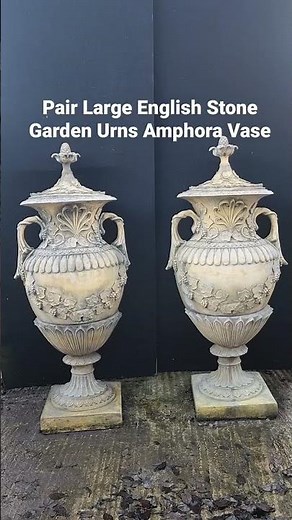 Pair Large English Stone Garden Urns Amphora Vase #urns #gardenvases #stoneurns #Canonburyantiques
