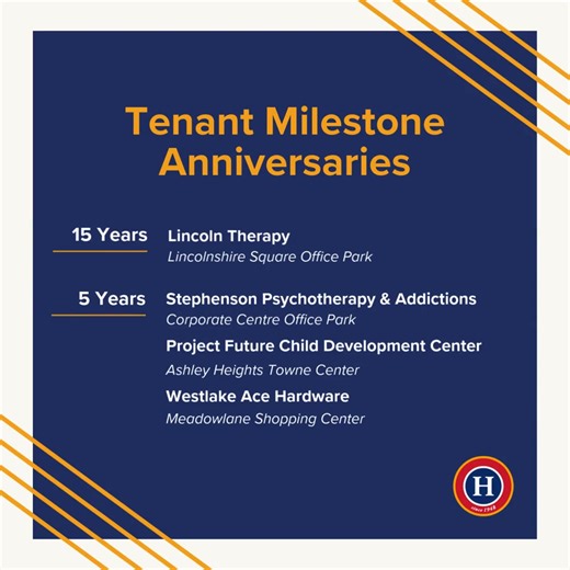 To start the year, we're recognizing these tenants who hit major milestones in January! 🎉 Lincoln Therapy; Lincolnshire Square Office Park - 15 years Stephenson Psychotherapy & Addictions; Corporate Centre Office Park - 5 years Project Future Child Development Center; Ashley Heights Towne Center - 5 years Westlake Ace Hardware; Meadowlane Shopping Center - 5 years We are grateful to celebrate these milestones with our Hampton family. Here's to many more years of success ahead. | Hampton Enterpr
