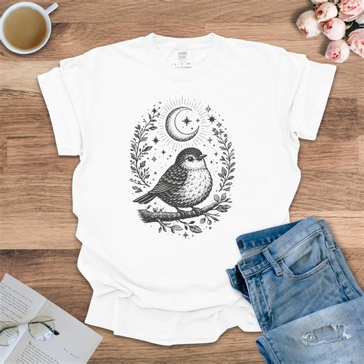 Boho Bird Linocut Shirt, Boho Bird Graphic Tee, Vintage Folk Art Style Shirt, Moon Stars Nature Lover Tee - Etsy