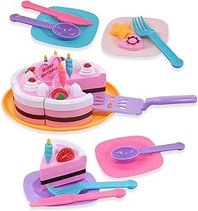Mozlly Birthday Cake Set – Cute Cake Playset with Plates, Spoons, Forns, Knife, Spatula - Birthday Cake Toy Set for Kids for Pretend Play Tea Parties, Birthday and Surprise Gift, and Play Food Set