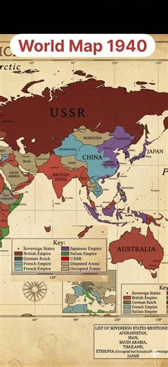 Explore 1940: A World at War. HD Historical Map & Detailed Political Key! 🌍📍 #worldfacts #map