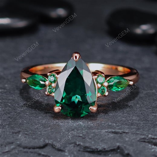Pear Shape Lab-grown Emerald Engagement Ring, Marquise and Round Emerald Wedding Ring in Solid Rose Gold, Vintage Bridal Gift for Her - Etsy