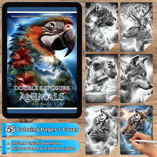Double Exposure Animals Coloring Book | 45 Grayscale Wildlife Portraits With Scenic Nature Landscapes - Etsy