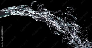 Clear water pouring slow motion animation. Liquid drops and splashes twirl realistic 3d footage. Transparent liquid flowing isolated on black background. Fluid vortex streaming dynamic video