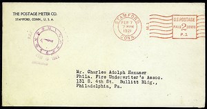 First postage meter stamp design commercially used in the United States, used on a 1921 cover - this is Meter No. 1, used from the company that would become Pitney Bowes