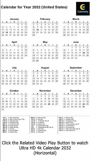 Calendar 2032 #monthsoftheyear #2032