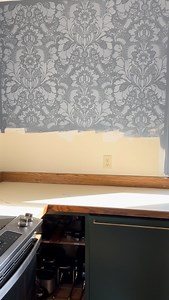 This stencil from @royalstencils exceeded my expectations in every way. The classic damask pattern with the two-tone blue just elevated this wall and I know it will be the focal point of the finished kitchen. This specific stencil is Lisabetta Damask and they have a huge variety to choose from!! Use my code Dwell Bloom20 for 20% off your stencil!! | Dwell & Bloom