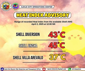 04-02-2025 𝐈𝐋𝐎𝐈𝐋𝐎 𝐂𝐈𝐓𝐘 𝐎𝐏𝐄𝐑𝐀𝐓𝐈𝐎𝐍𝐒 𝐂𝐄𝐍𝐓𝐄𝐑 𝐀𝐃𝐕𝐈𝐒𝐎𝐑𝐘 Heat Index recorded by Manila Observatory/Shell AWS Shell AWS from various areas recorded at 37°C - 45°C Heat Index as of April 02, 2025 at 12:00 NN Stay safe and hydrated! Source:Weatherlink | Iloilo City Disaster Risk Reduction and Management Office