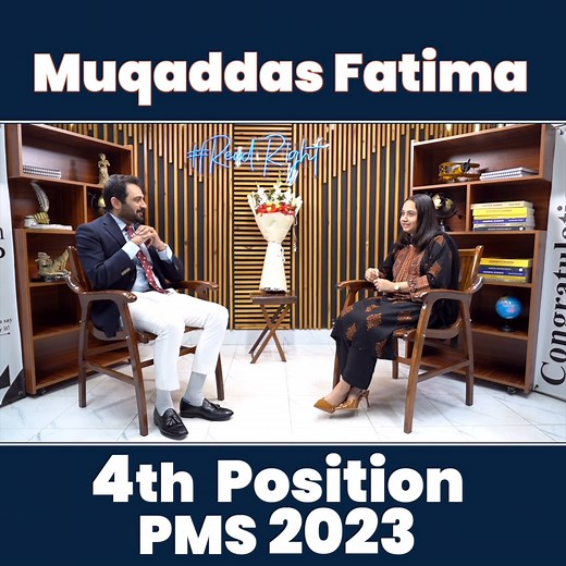 17K views · 228 reactions | Muqadas Fatima, who secured 4th position in PMS 2023, shares her inspiring journey with Syed Taimoor Bukhari. She was a part of the G1 batch at Read Right Institute, which played a pivotal role in helping her excel in the PMS exam. #pms #pms2023 #pmsresult #pmstopper #readrightinstitute #syedtaimoorbukhari #g1batch #g1successstory #testimonial | Read Right Institute | Facebook