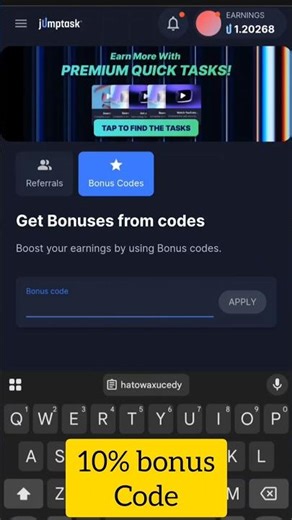 Jumptask Bonous Code || 10% or More Get || Jumptask Bonous 😱😱 #jumptask#honeygain#earning#tricks