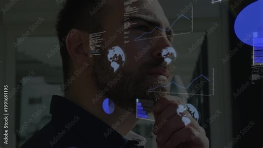 Tech pro analyzing layered charts at glass, incoming stream driving overlays onto face and torso