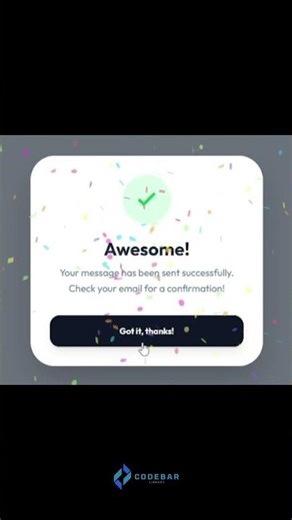 Premium Confetti Success Modal with Glassmorphism | Codebar Library | codebarlibrary.com