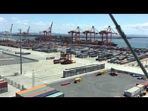 Robots and humans moving shipping containers at the Port of Brisbane
