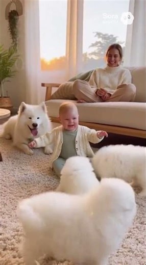 Baby Laughing on the Floor Surrounded by 5 Playful Puppies 🐶💛