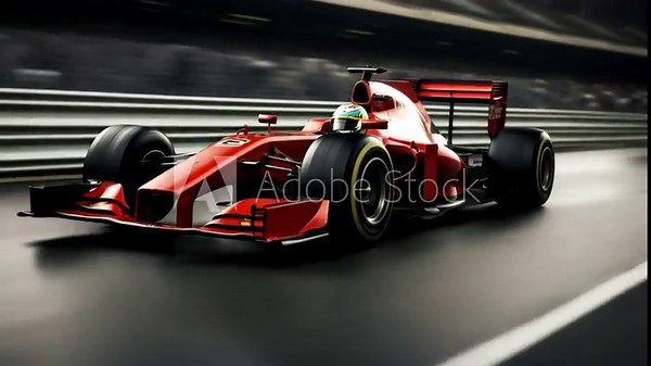 Dynamic video of a red Formula 1 car racing on a wet track, captured from a low-angle, emphasizing speed and motion in a sleek, modern style. Live desktop wallpaper.