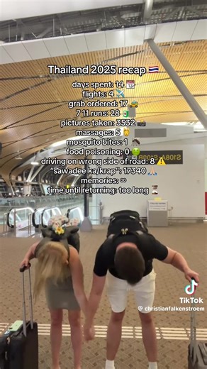 A growing TikTok trend is seeing foreign tourists post humorous “Thank you, Thailand” recap videos as they wrap up their holidays and head home. Many clips are filmed at airports and use tally-style captions to list everything from spicy meals and massages to sunsets, boat rides, convenience store visits, and travel mishaps. The tone is usually playful and affectionate, with creators joking about sunburn, “Thailand belly”, and chaotic moments while still sharing clear appreciation for the experi