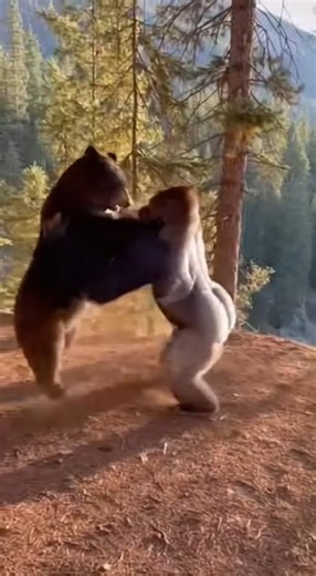 2.2K views · 19 reactions | Bear vs. Gorilla: The Fight That Went Wrong A black bear and a silverback gorilla clash in the forest near a cliff — but the wild showdown takes a shocking turn when both slip and tumble over the edge. Captured on a shaky, dusty mobile phone video, this moment looks straight out of a real-life nature thriller. #BearVsGorilla #WildFight #CaughtOnCamera | Diginote | Facebook