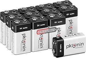 PKUNIN 9V Batteries 12 Pack Alkaline 9 Volt Battery for Smoke Detector Long-Lasting Square 9V 6LR61 Fire Alarm Batteries 10-Year Shelf Life