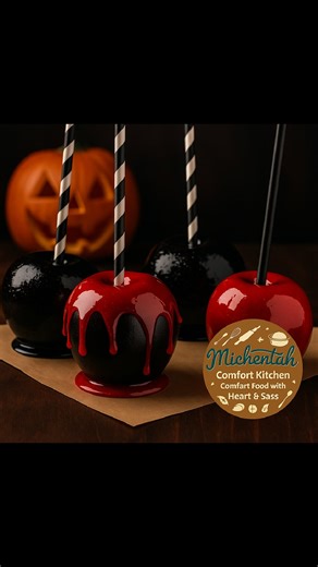 🍎 Spooky Halloween Candied Apples Sweet, shiny, and just the right amount of creepy — these apples are basically Halloween on a stick. 🎃🩸 --- 🍏 Ingredients 6 small apples (Granny Smith or Honeycrisp work best) 2 cups granulated sugar ½ cup light corn syrup ¾ cup water Red or black gel food coloring Wooden sticks (or black paper straws for a cute spooky touch) --- 👩‍🍳 Instructions 1️⃣ Wash apples well and remove any waxy coating (dip in hot water for 10 seconds if needed). Dry thoroughly. 2