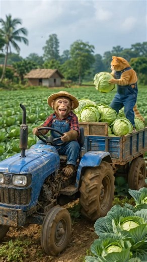 Monkey & Cat Harvest Adventure 🚜🐵🐱 | Funny Cartoon Farming Animation #Shorts