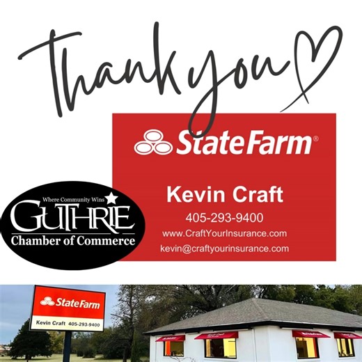 Thank You for Renewing, State Farm Agent Kevin Craft! 🤝 We are so grateful to extend a huge thank you to State Farm Agent Kevin Craft for renewing their membership with the Guthrie Chamber of Commerce! Kevin Craft's office is a trusted and friendly partner for our community's insurance needs. They are dedicated to helping individuals and families with a wide range of coverage options, including: •Auto Insurance: Helping you stay protected on the road. •Homeowners Insurance: Providing peace of m