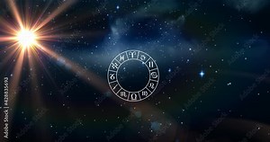 Animation of wheel of zodiac signs over shining sun and stars on blue sky