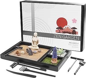 Japanese Mini Zen Garden kit for Desk - Mini Zen Sand Garden for Desk Accessories Set with Chakra Stones, Wood Yoga Statue - Calming and Peace Zen Sand Meditation Home Office Decor Gift
