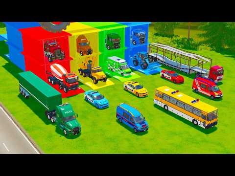 TRANSPORTING EMERGENCY VEHICLES, WHEEL LOADER, CRANE TRUCK, POLICE CARS TO GARAGE - FS22