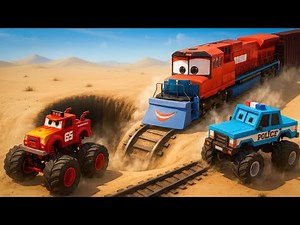 Giant Desert Pit on the Train Track! 🚂🚗 Epic Car & Train Rescue Adventure