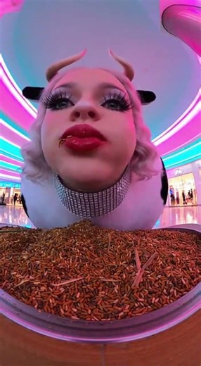 “Ultra close up fisheye lens footage of a cow woman hybrid with