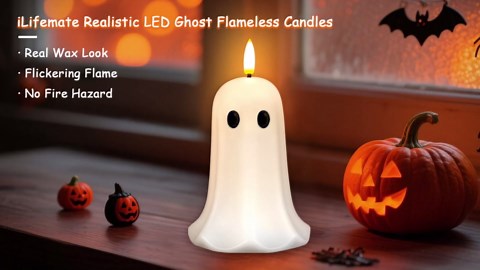 Halloween Ghost Flameless Candle with Timer – LED Candle with Flickering Flame, Real Wax, Remote Control, Spooky Halloween Decorations Indoors, Cute Tabletop Decor for Mantel Home, Battery Operated