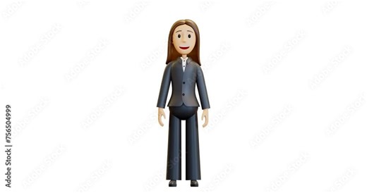 3D animation woman shows a like. Joyful woman with a smile on his face. Good boss, office worker. A good character in a tuxedo, a good person. 4k animation, alpha channel, in cartoon style, isolated.