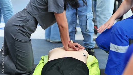 Person practicing life-saving techniques on a CPR mannequin in an educational setting