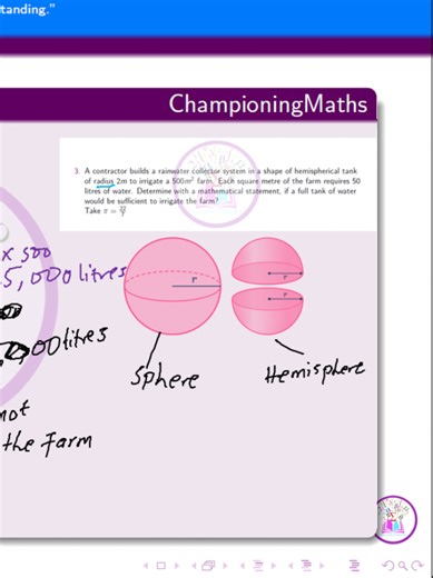 WASSCE 2025 CORE MATHEMATICS QUESTION 2 This lesson simplifies a real WASSCE Core Maths mensuration question involving the volume of a hemispherical tank and water requirement for irrigation. Learn how to calculate volume correctly, convert units, and write a proper mathematical conclusion. 🎯 Topic: Mensuration 📘 Based on past WASSCE questions 🧠 Exam-focused explanation 📌 Save this video 📌 Share with a friend 📌 Follow for next #viral #mathematics #fyp #WASSCE2025 #shs