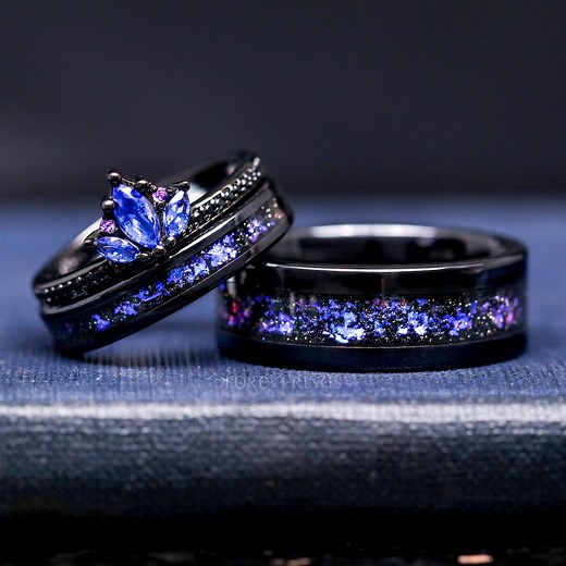Blue Lotus Orion Nebula Wedding Ring Set, His and Hers Rings, Engagement Ring, Sapphire, Black Gold, Space Couple Ring, Ceramic & 925 Silver - Etsy