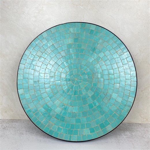 Moroccan Mosaic Table Top – Handmade Turquoise Zellige Round Table – Geometric Moroccan Tile Patio Tabl - Etsy