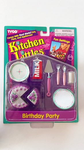 Any Kitchen Littles in your dollhouse? This Birthday Party Set was made in 1995 by TYCO. When I first started collecting and doing Barbie photography six years ago, my first diorama set that I bought was the Kitchen Littles kitchen. It is still my most used diorama - Who doesn’t love a tiny kitchen? And the pieces are just such nostalgic toys. “Kitchen Littles Come With Real Metal Pots, Pans, And Appliances! Build an Entire World of Kitchen FunWith Kitchen Littles™! Kitchen Littles™ Food andKitc