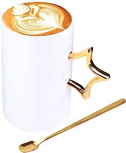 Ceramic Coffee Mug White Bone China Mug Valentine day gift Gold Handle With Spoon 13oz