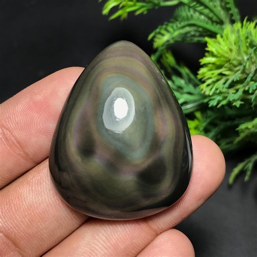 Natural Rainbow Obsidian Cabochon: Pear Gemstone For Jewelry Making (39x31x12mm, 85.40cts) O-008