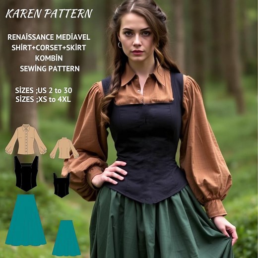 Renaissance Dress Sewing Pattern:medieval Corset, Skirt & Shirt (US 2-30) (PDF Pattern) - Etsy