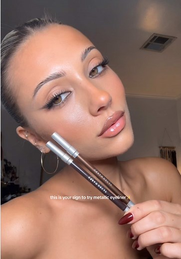 when life gives you eyeliners, make them metallic 🍋🤎 @LEX serves her iconic layered liner look with 24/7 Glide-On Eye Pencils in Smog Corrupt! #eyeliner #metalliceyeliner #browneyeliner #eyelinertutorial