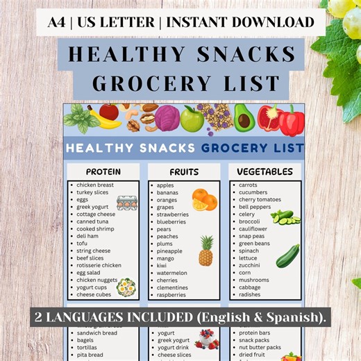 Healthy Snack Grocery List Printable EN ES, Snack Shopping Checklist, Weekly Food Planner, Clean Eating Grocery Guide PDF - Etsy