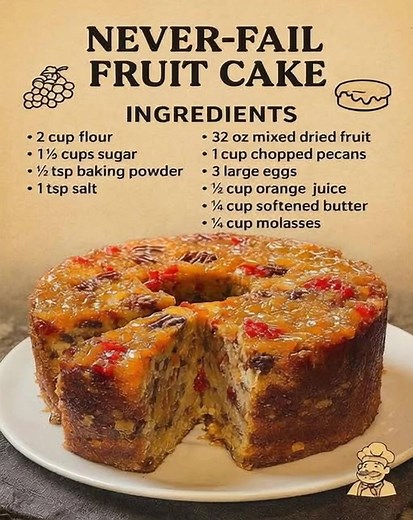 Never-Fail Fruit Cake Description: This old-fashioned fruit cake is incredibly moist, rich, and packed with dried fruits and warm spices. It’s called “never-fail” because it always turns out delicious—no fancy baking skills needed. Perfect for holidays or gifting! Ingredients: 1 cup butter (softened) 1 cup brown sugar 4 large eggs 1 ½ cups all-purpose flour 1 tsp baking powder ½ tsp cinnamon ½ tsp nutmeg 1 cup mixed dried fruits (raisins, currants, chopped dates) ½ cup chopped nuts (optional) ¼