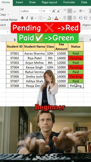 Excel me Fees Status Auto Color | Paid Green, Pending Red 😍 #excel #exceltips #exceltutorial